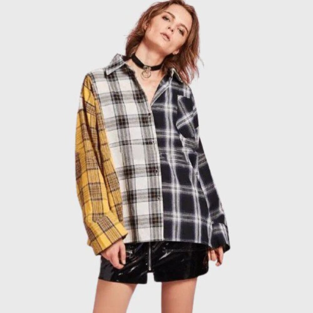 YesStyle Contrast Tone Plaid Shirt Size M - White/Black/Yellow